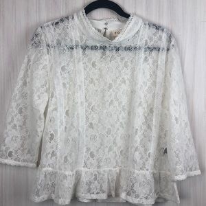 POL WHITE LACE PEPLUM MOCKNECK